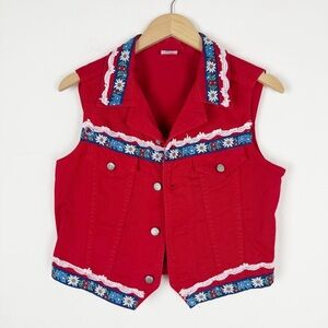 Vintage watch LA Cottagecore Red denim vest floral embroidered and lace trim